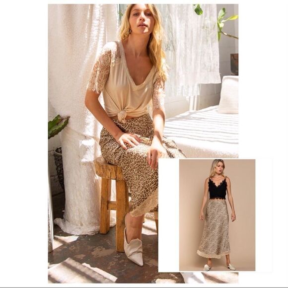 LEOPARD Print Maxi Skirt with Scalloped Lace Hem - Picture 4 of 16